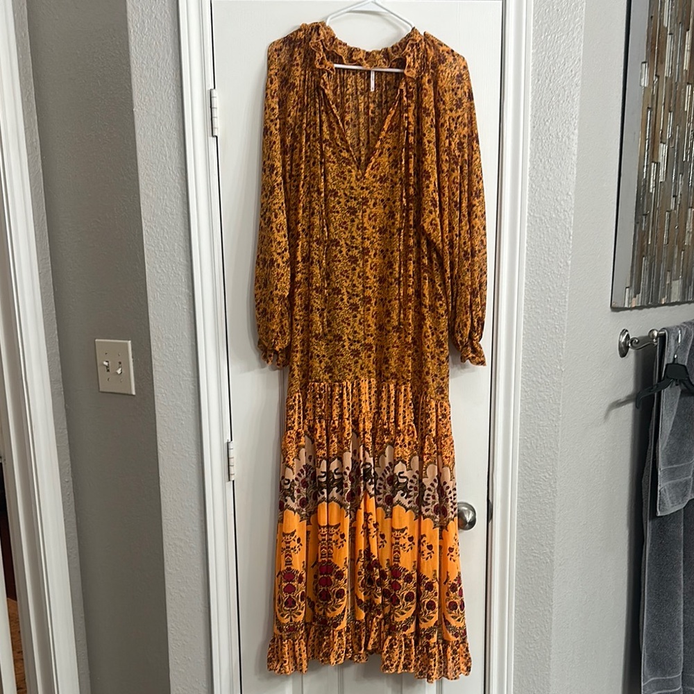 Floral Bohemian Maxi Dress - Orange and Red/Maroon - Free People